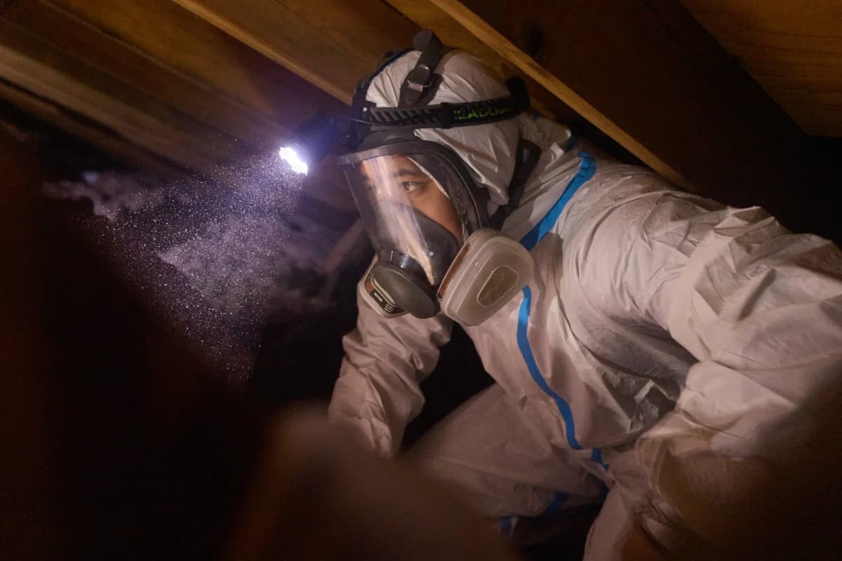 Attic Fanatics technician in a dusty attic