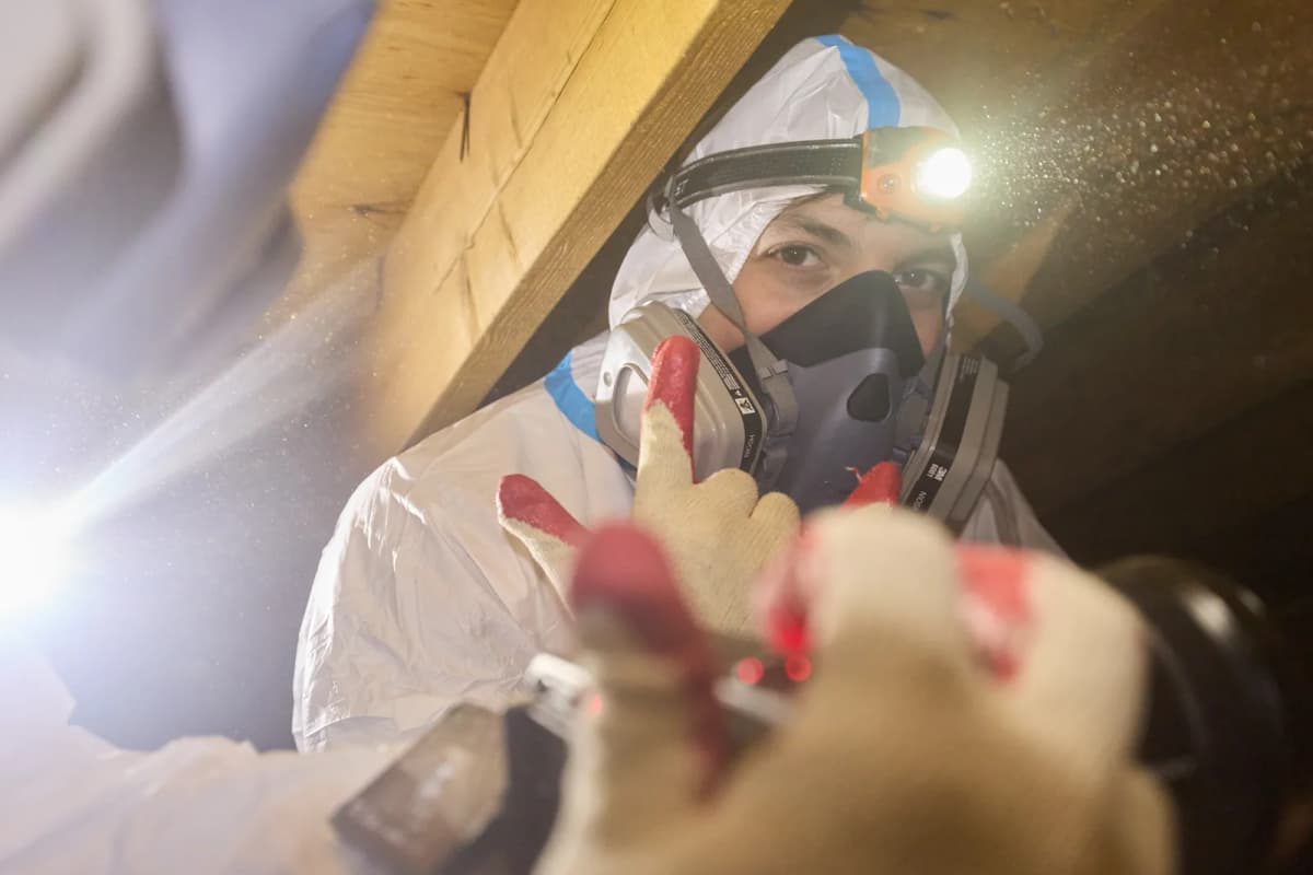 Attic Fanatics technician in protective gear during bat exclusion