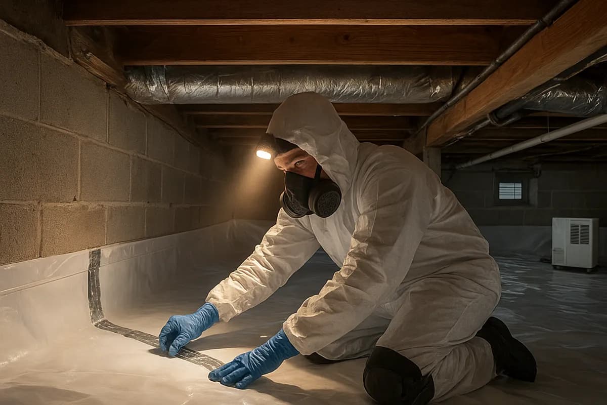 Technician inspecting and working in a crawl space