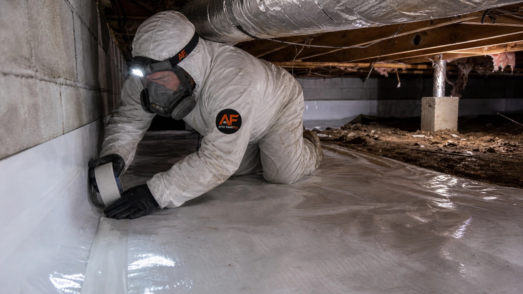Attic Fanatics technician working inside a crawl space with headlamp