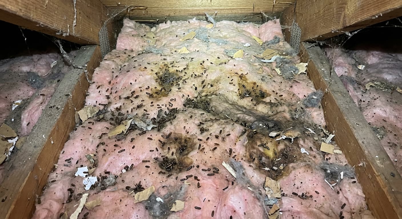 Mouse-contaminated attic insulation with droppings and nesting material