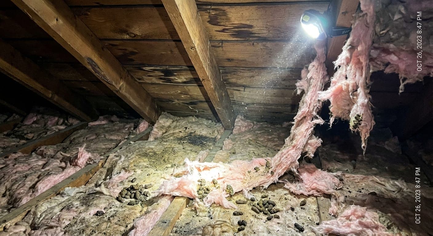 Contaminated attic insulation with animal damage, droppings, and torn fiberglass
