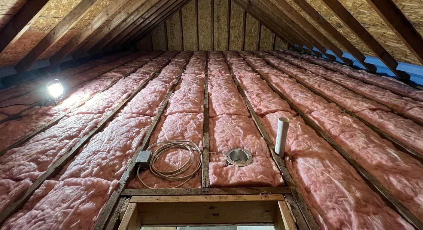 Completed attic insulation with fresh fiberglass batts and ventilation baffles