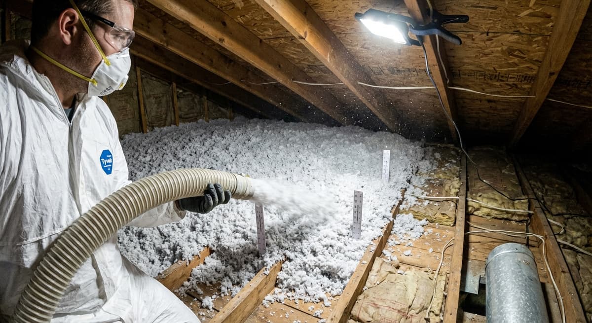 Cellulose insulation being blown into a New Jersey attic