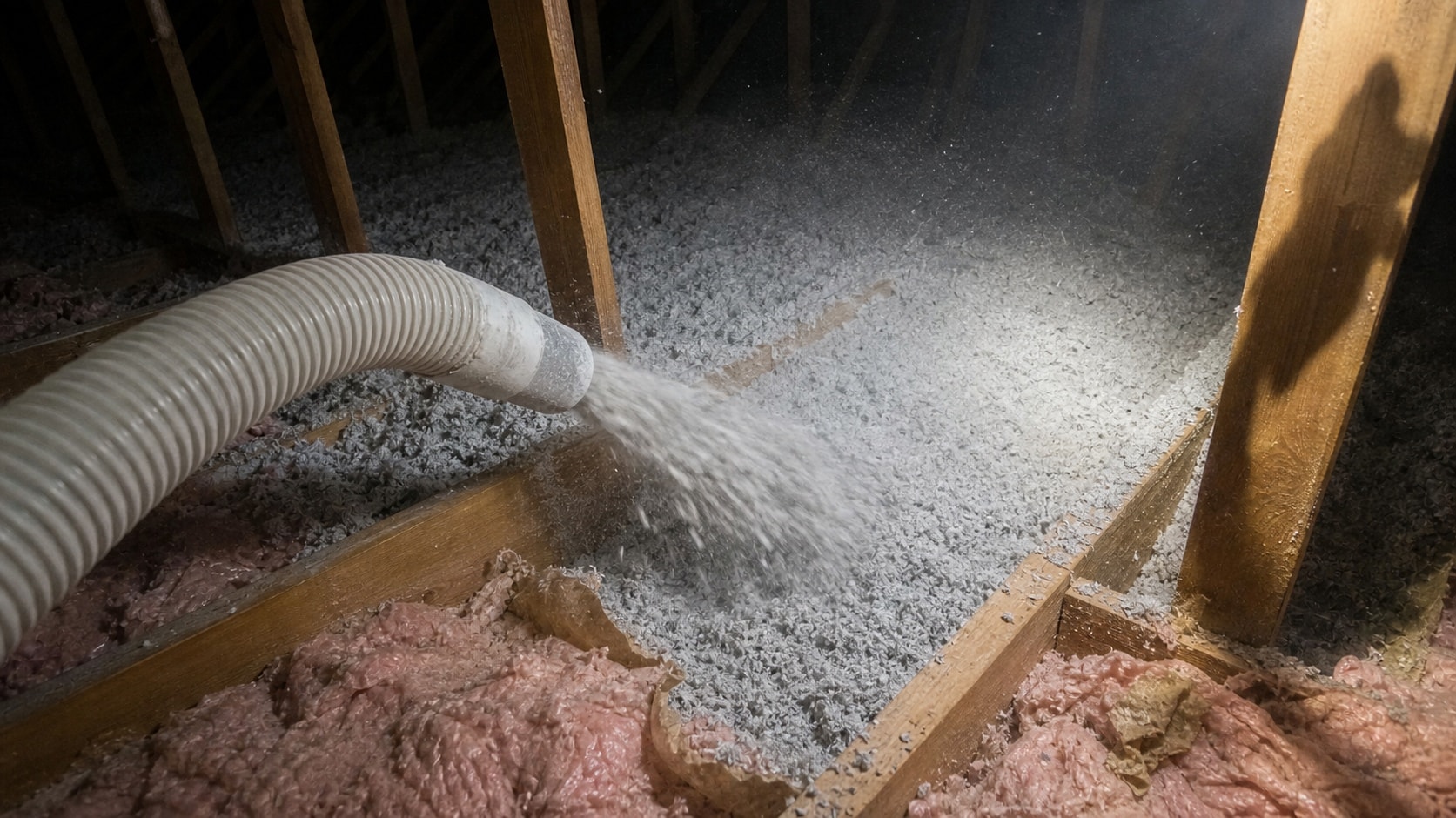 Blown-in insulation filling around joists and wiring in an attic