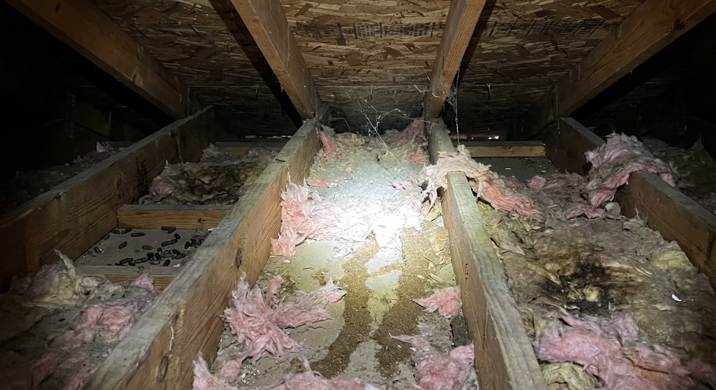 Attic before: mouse contamination and damaged insulation