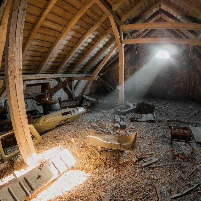 Messy attic with visible insulation disruption