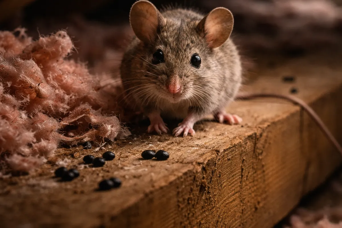 Mouse evidence near attic insulation and framing