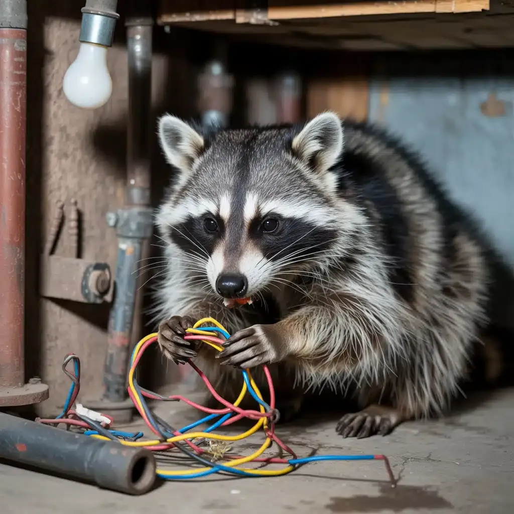 Electrical wire damage caused by raccoon in attic