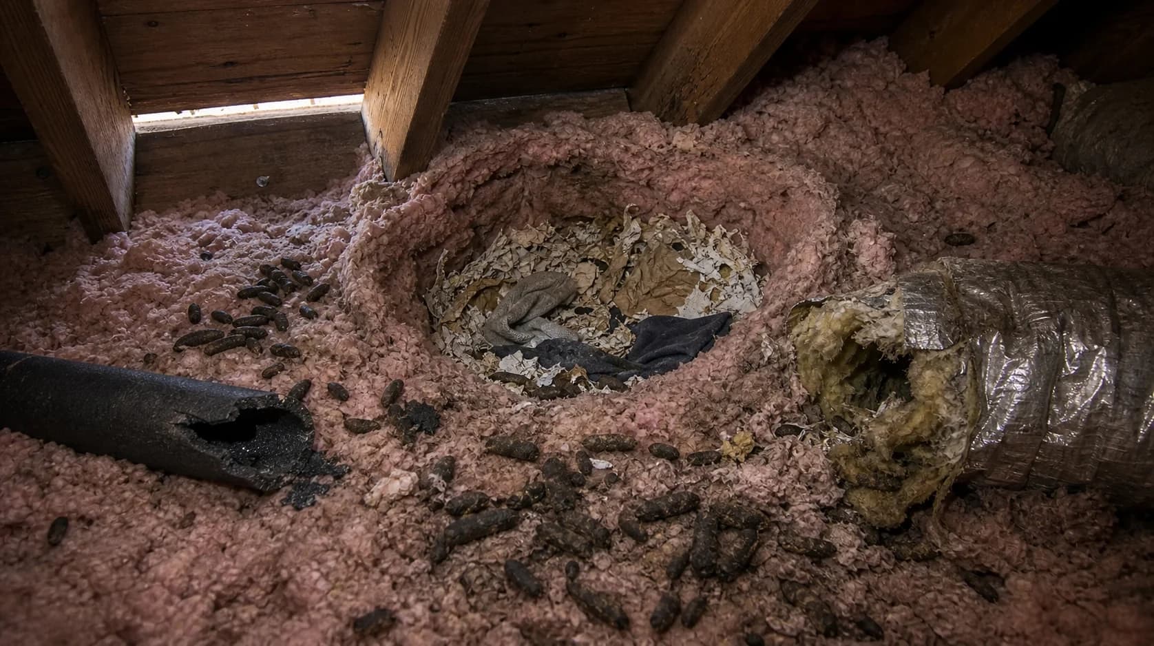 Damage caused by wildlife inside a residential attic