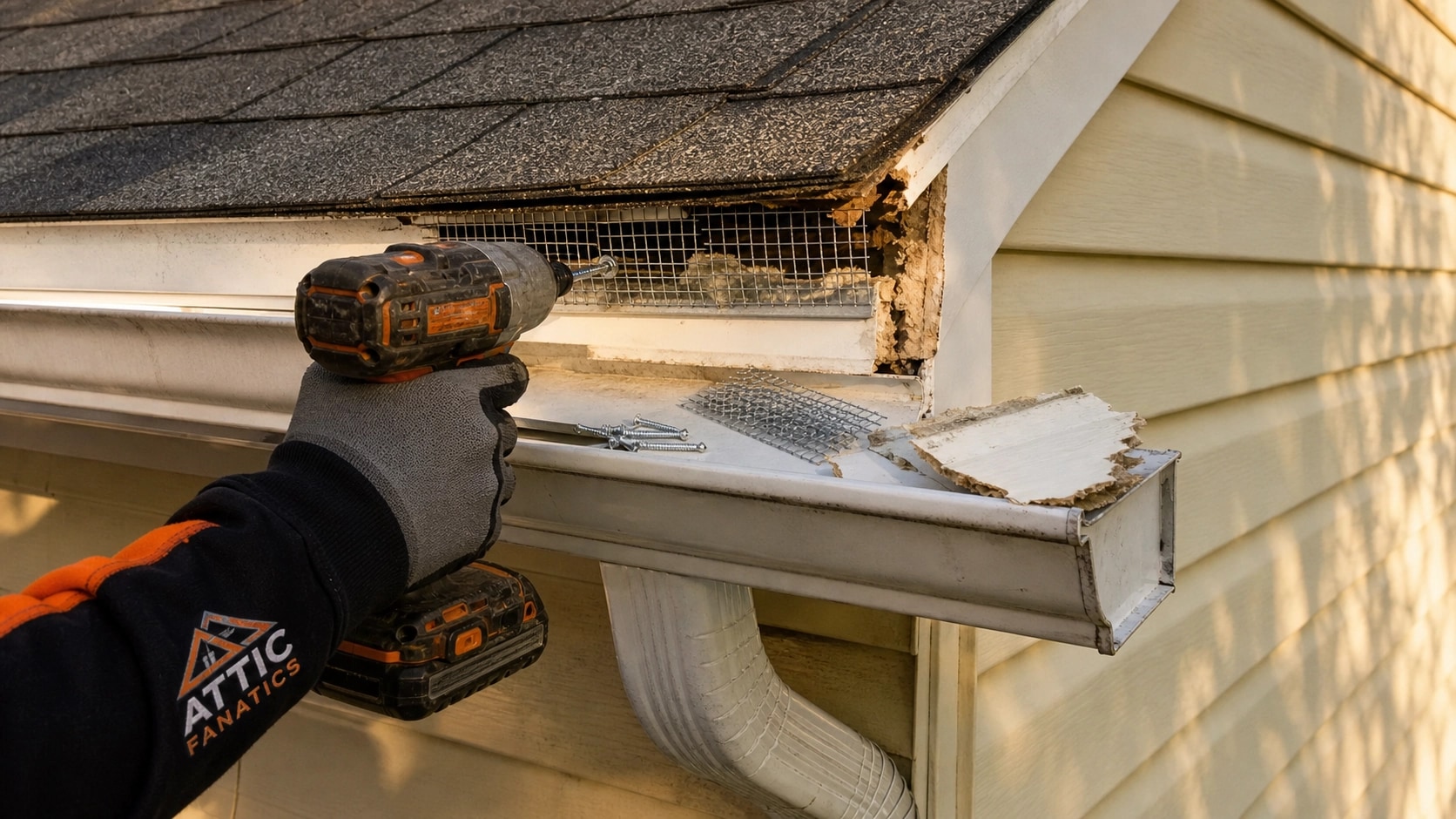 Attic Fanatics crew sealing rodent entry points on a home exterior