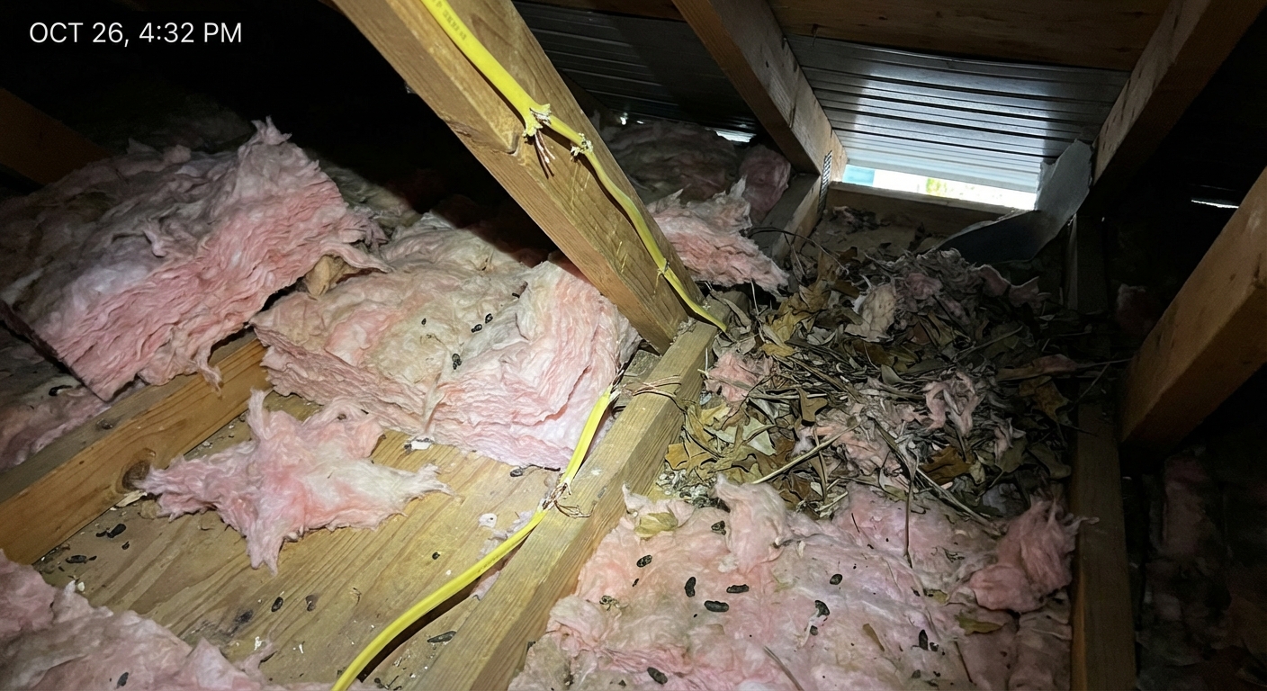 Squirrel attic damage documented before removal and cleanup